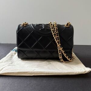 Tory Burch Fleming Small Black Quilted with Gold Chain Shoulder Bag